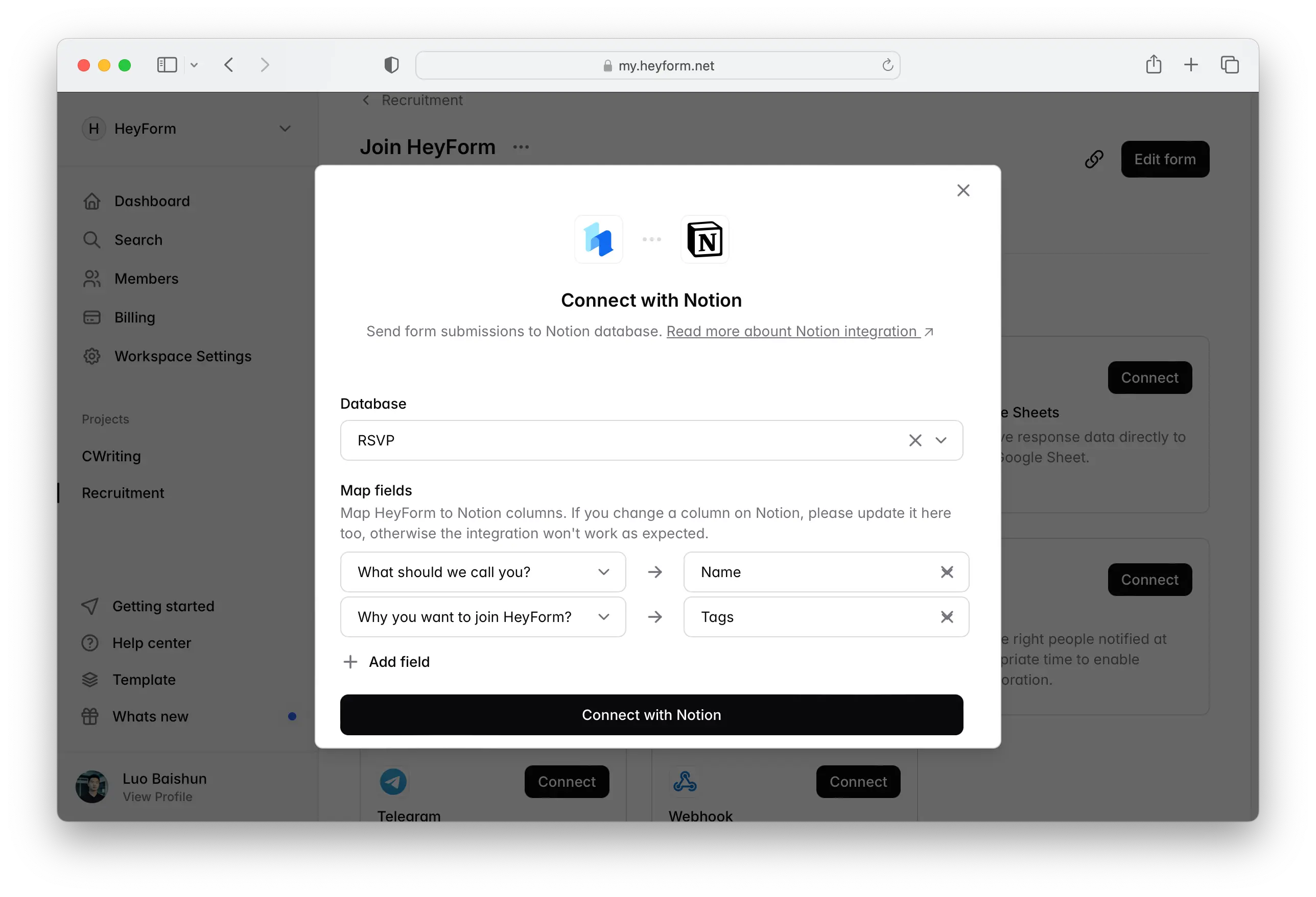 Map HeyForm fields with Notion table columns