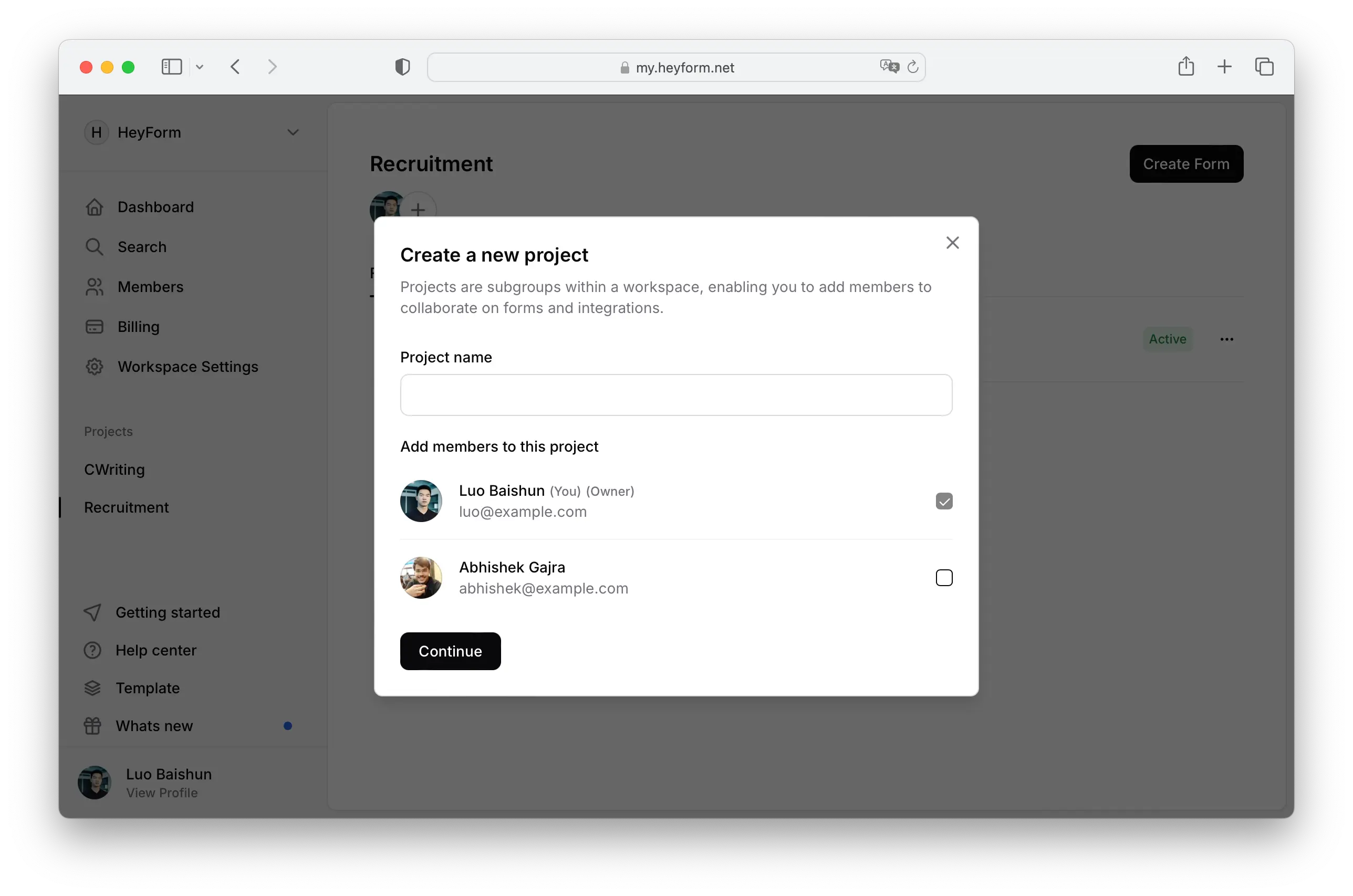 Create a project in HeyForm