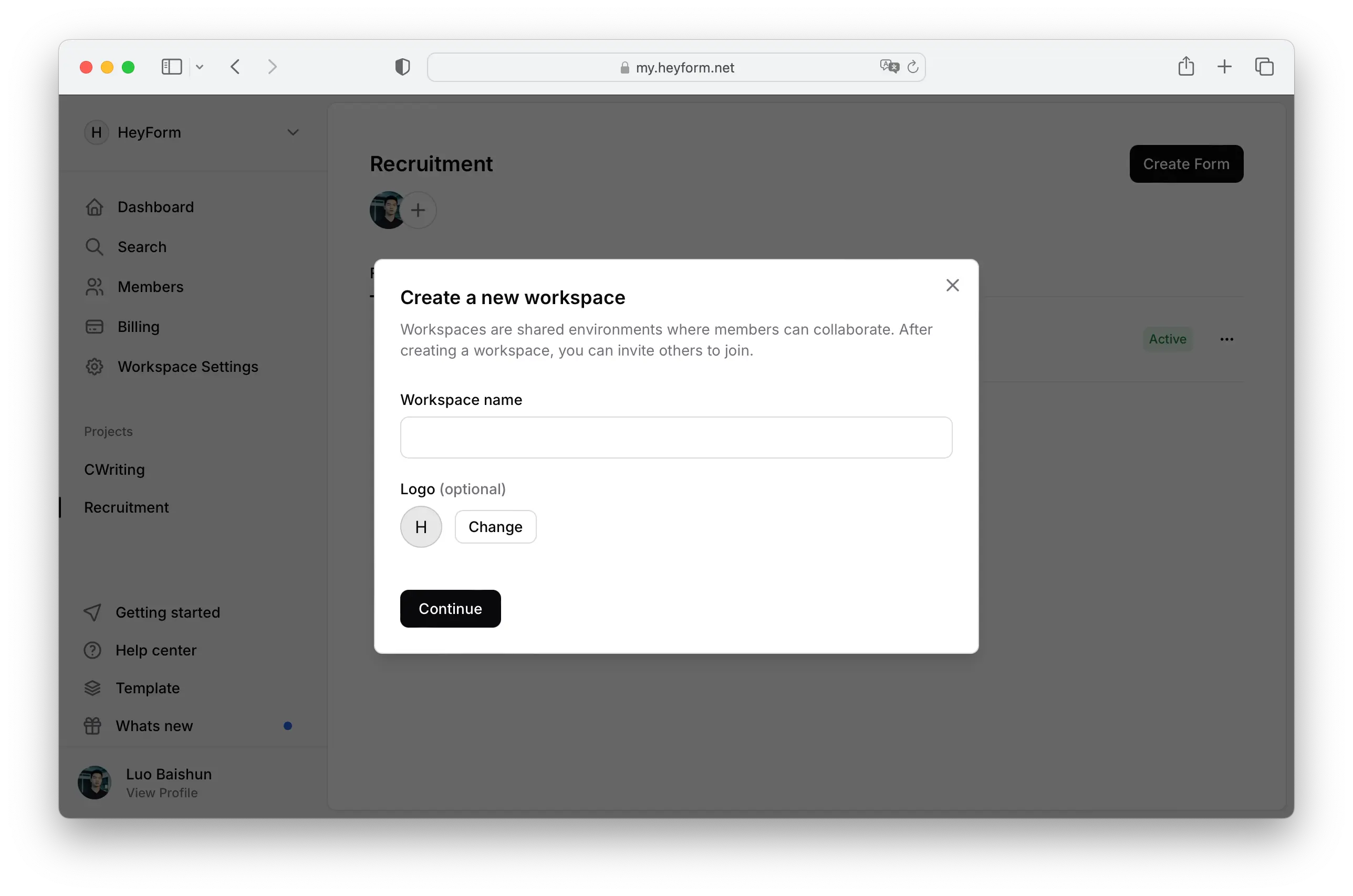 Create a workspace in HeyForm